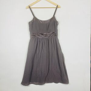 Caroll Deep Taupe Grey Silk Satin Trim Pin Tuck Sleeveless Dress Women 40 Medium